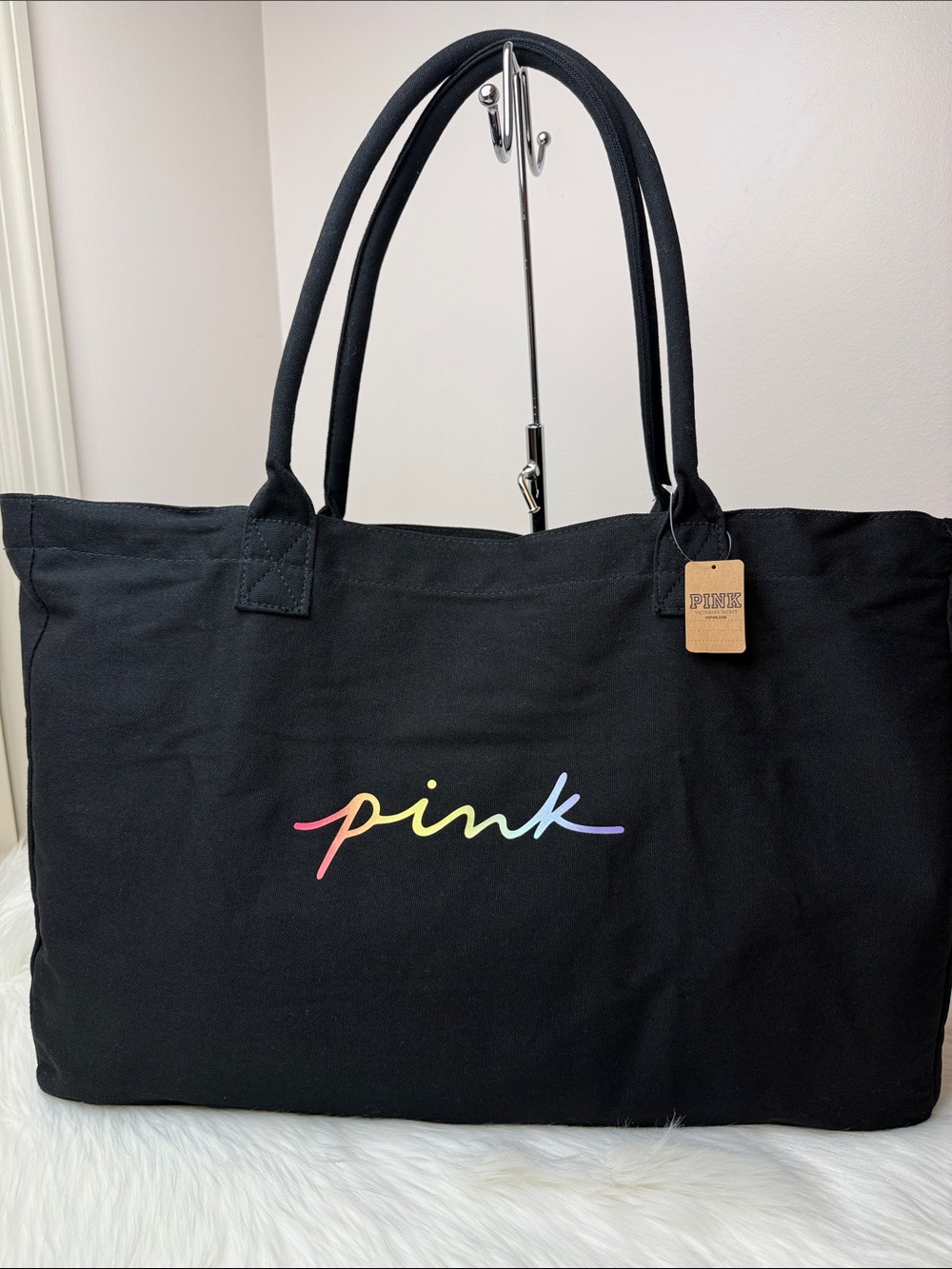 NWT PINK Victoria's Secret Black Zip Top Canvas Tote with Rainbow Script Logo